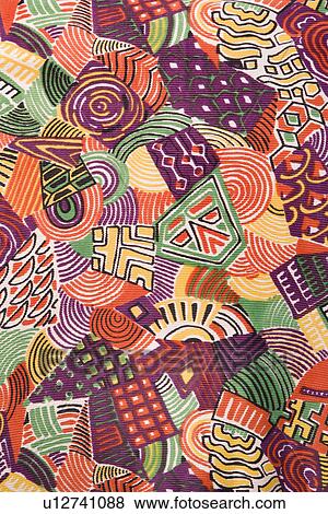 Stock Photo - Close-up of colorful vintage fabric with abstract shapes printed on polyester. Fotosearch