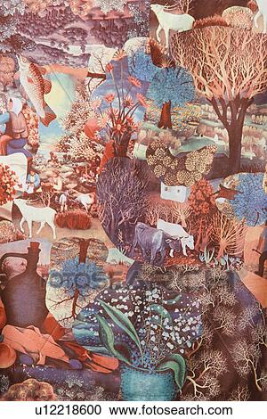 Stock Image - Close-up of vintage fabric showing chaotic combination of animals and nature printed on polyester. Fotosearch
