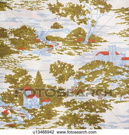 Close-up of vintage fabric with village and trees printed on polyester View Large Photo Image Stock Image - Close-up of vintage fabric with village and trees printed on polyester. Fotosearch