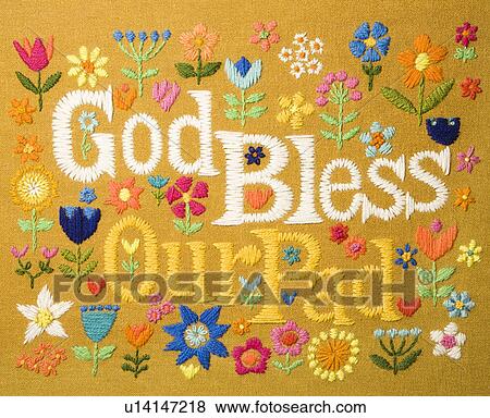 Vintage needlepoint wall hanging of colorful flowers surrounding the phrase God Bless Our Pad View Large Photo Image Stock Photo - Vintage needlepoint wall hanging of colorful flowers surrounding the phrase God Bless Our Pad. Fotosearch