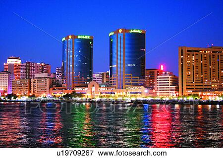 Stock Photo - dubai, creek, deira, evening, reflection. Fotosearch