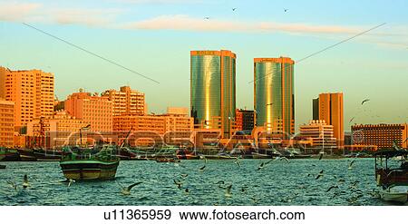 Stock Photo - dubai, twin, towers, dubai, deira, creek. Fotosearch