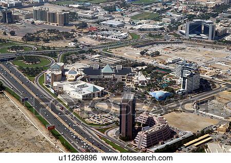 Stock Photograph - dubai, aerial, planet, holiwood, holywood, wafi, city. Fotosearch