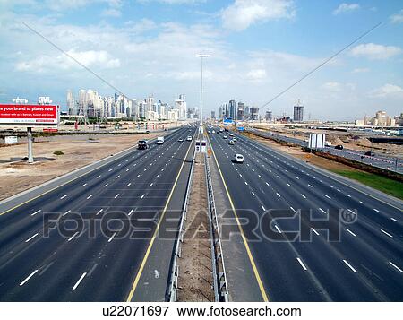 Stock Photo - Dubai, dubai, marina, outdoor, media, panel, highway. Fotosearch