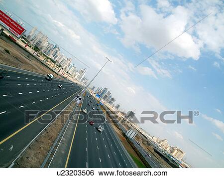Stock Photograph - Dubai, dubai, marina, outdoor, media, panel, highway. Fotosearch