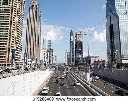 Stock Photo - Dubai, sheikh, zayed, road, clear, sky, driving. Fotosearch