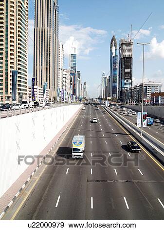 Stock Photo - Dubai, sheikh, zayed, road, clear, sky, driving. Fotosearch
