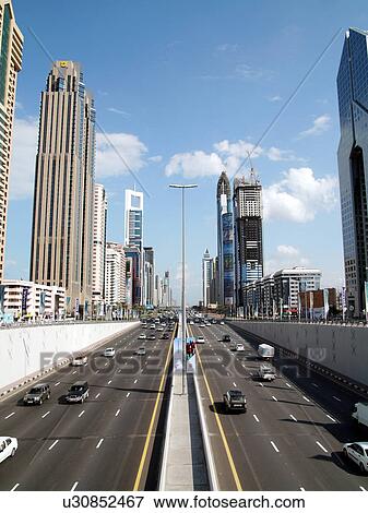 Stock Photo - Dubai, sheikh, zayed, road, clear, sky, driving. Fotosearch