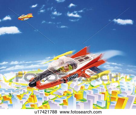 Stock Illustration - Toy, Airplane in the Future, High Angle View. Fotosearch