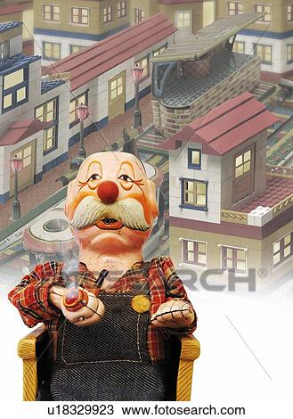 Drawing - Toy Doll, Grandfather Smoking, Front View. Fotosearch