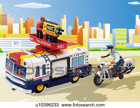 Toy Doll, Relay Car and Police Motorcycle, High Angle View View Large Illustration Drawing - Toy Doll, Relay Car and Police Motorcycle, High Angle View. Fotosearch