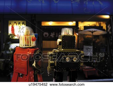 Toy Doll, Robot and Buckwheat Noodle Shop, Rear View View Large Illustration Drawing - Toy Doll, Robot and Buckwheat Noodle Shop, Rear View. Fotosearch