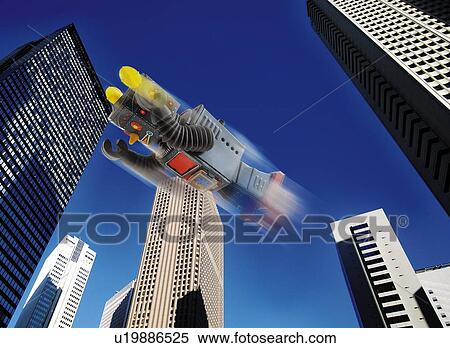 Stock Illustration - Toy Doll, Robot Flying, Low Angle View, Blurred Motion. Fotosearch