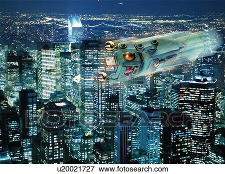 Stock Illustration - Toy Doll, Robot having a Flight at Night in the City, High Angle View, Long Exposure. Fotosearch
