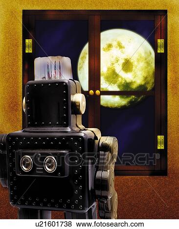 Stock Illustration - Toy Doll, Robot Looking at the Moon, Rear View. Fotosearch