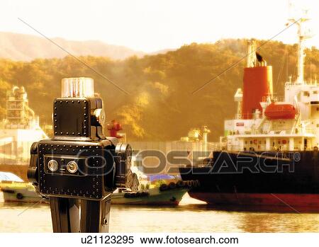 Stock Illustration - Toy Doll, Robot Looking at the Ship, Rear View. Fotosearch