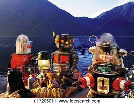 Clip Art - Toy Doll, Robots and Mountain Range, Front View. Fotosearch