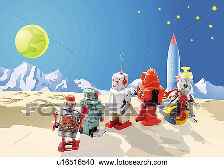 Clipart - Toy Doll, Robots at the Planet, High Angle View. Fotosearch