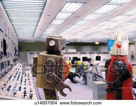 Stock Illustration - Toy Doll, Robots in Control Room, Side View, Differential Focus. Fotosearch