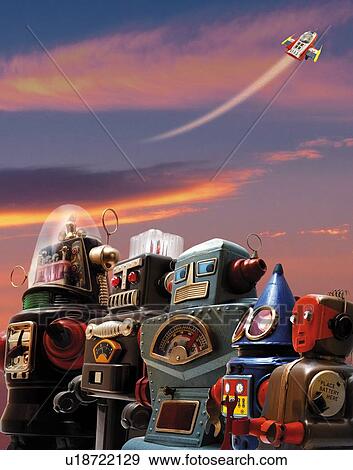 Toy Doll, Robots Looking at the Sky, Side View View Large Illustration Stock Illustration - Toy Doll, Robots Looking at the Sky, Side View. Fotosearch
