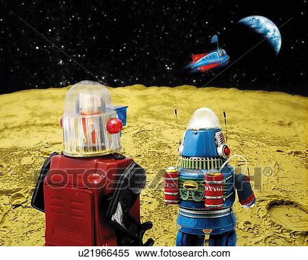 Toy Doll, Robots Looking at the Space Ship, Rear View View Large Illustration Stock Illustration - Toy Doll, Robots Looking at the Space Ship, Rear View. Fotosearch