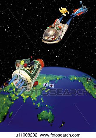 Toy Doll, Space Trip, View from Space View Large Illustration Drawing - Toy Doll, Space Trip, View from Space. Fotosearch