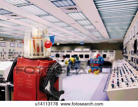 Toy, Robot in the Control Room, Rear View, Differential Focus View Large Illustration Stock Illustration - Toy, Robot in the Control Room, Rear View, Differential Focus. Fotosearch