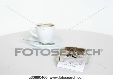 Empty expresso cup and bill with change in a saucer. View Large Photo Image Stock Image - Empty expresso cup and bill with change in a saucer.. Fotosearch