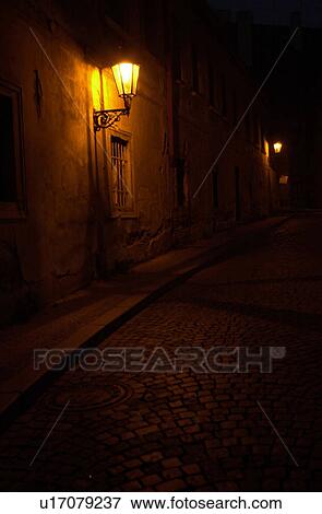Lamp post lit at night in Prague View Large Photo Image Stock Photo - Lamp post lit at night in Prague. Fotosearch