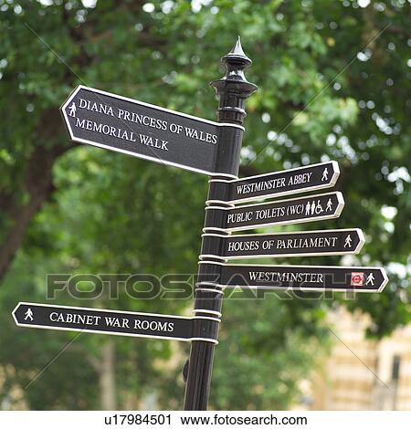 Stock Image - Signpost pointing out various directions of streets in London, England. Fotosearch