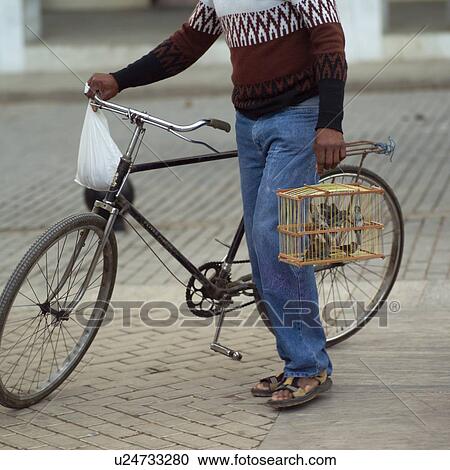 Man holding a birdcage and a bicycle View Large Photo Image Stock Image - Man holding a birdcage and a bicycle. Fotosearch