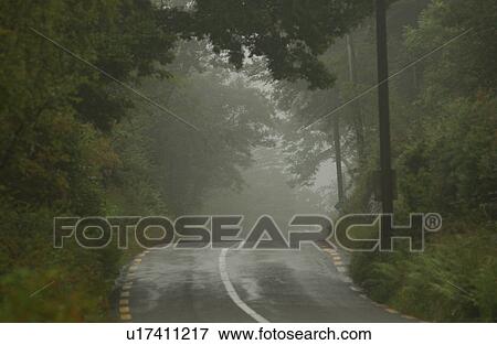 Stock Photo - Ireland - foggy road in countryside. Fotosearch