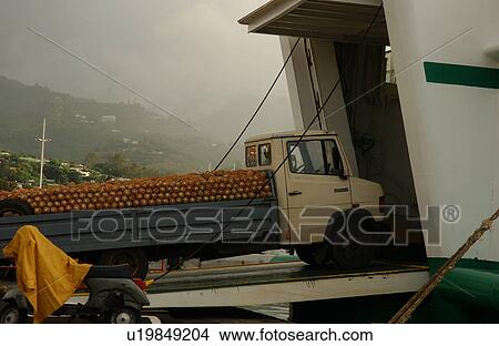 Picture - A truck loaded with pineapples being loaded into a barge, Papeete, Tahiti, French Polynesia, South Pacific. Fotosearch