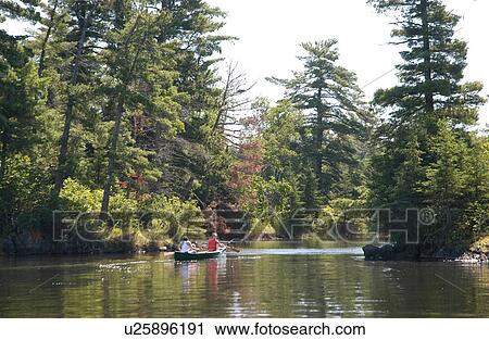 Stock Image - People rowing a boat in Lake of the woods, Ontario, Canada. Fotosearch