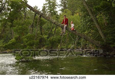 Picture - Two people sitting up on a tree branch. Fotosearch
