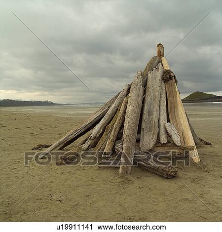 Stock Image - Logs stacked on beach, Pacific Rim Park, Vancouver Island, Canada. Fotosearch