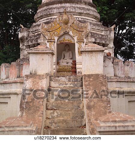 Picture - Buddha at top of stairway in Buddhist Temple. Fotosearch