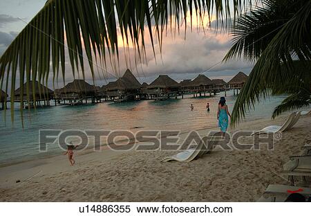 Stock Photography - Panoramic view of a beach, Moorea, Tahiti, French Polynesia, South Pacific. Fotosearch