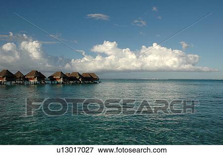 Panoramic view of thatched buildings on stilts in the sea, Moorea, Tahiti, French Polynesia, South Pacific View Large Photo Image Stock Photo - Panoramic view of thatched buildings on stilts in the sea, Moorea, Tahiti, French Polynesia, South Pacific. Fotosearch