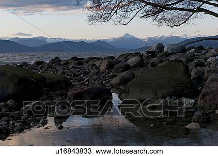 Stock Image - Still water amongst shoreline rocks. Fotosearch