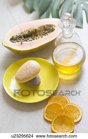 Picture - Close-up of papaya massage therapy treatment products. Fotosearch