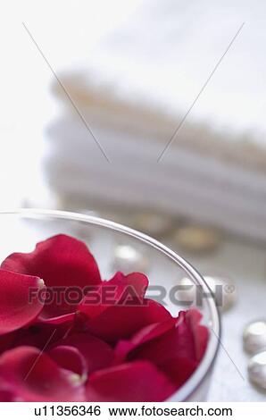 Stock Photograph - Close-up of rose petals in a bowl with four white towels. Fotosearch