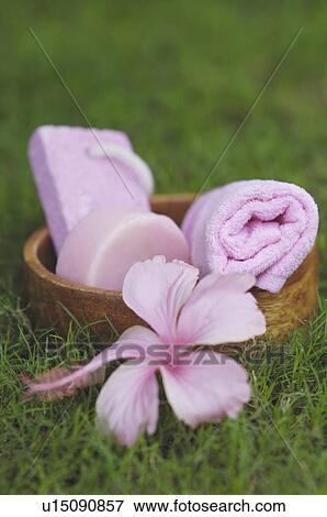 Close-up of spa treatment products on the grass View Large Photo Image Stock Photo - Close-up of spa treatment products on the grass. Fotosearch