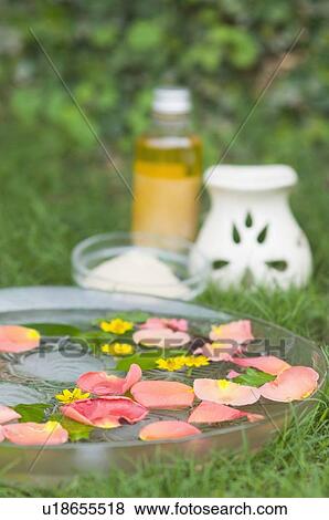 Stock Photo - Close-up of spa treatment products on the grass. Fotosearch