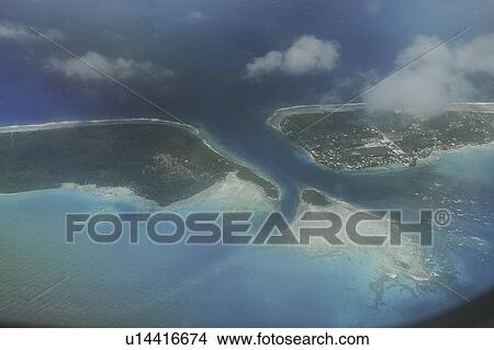 Picture - Aerial Rangiroa atoll, lagoon and coral reefs, Marshall Islands, Pacific Ocean.. Fotosearch