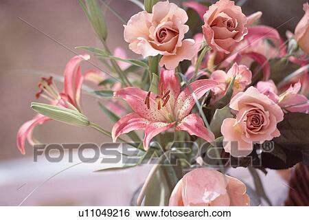 Stock Photograph - Bunch Of Pink Roses And Lilies. Fotosearch