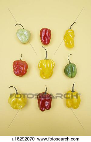 Stock Image - Selection of bell peppers (directly above). Fotosearch