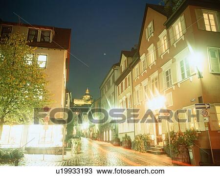 Stock Image - Cobbled Street At Night. Fotosearch