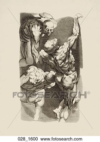 Clipart - Antique Anatomical Illustration (copper engraving) depicting three male muscular figures in motion., P. P. Rubens c. 1600. Fotosearch