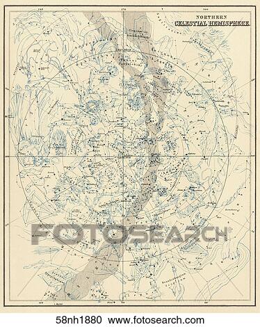 Antique Celestial Chart (chromolithograph) with Constellation Figures of the Northern Celestial Hemisphere., 1880 View Large Illustration Clipart - Antique Celestial Chart (chromolithograph) with Constellation Figures of the Northern Celestial Hemisphere., 1880. Fotosearch
